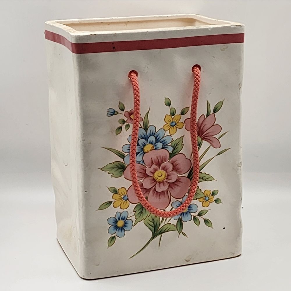 FTDA 1986 Gift Bag Vase Planter Floral Ceramic Pink Rope Handles Japan